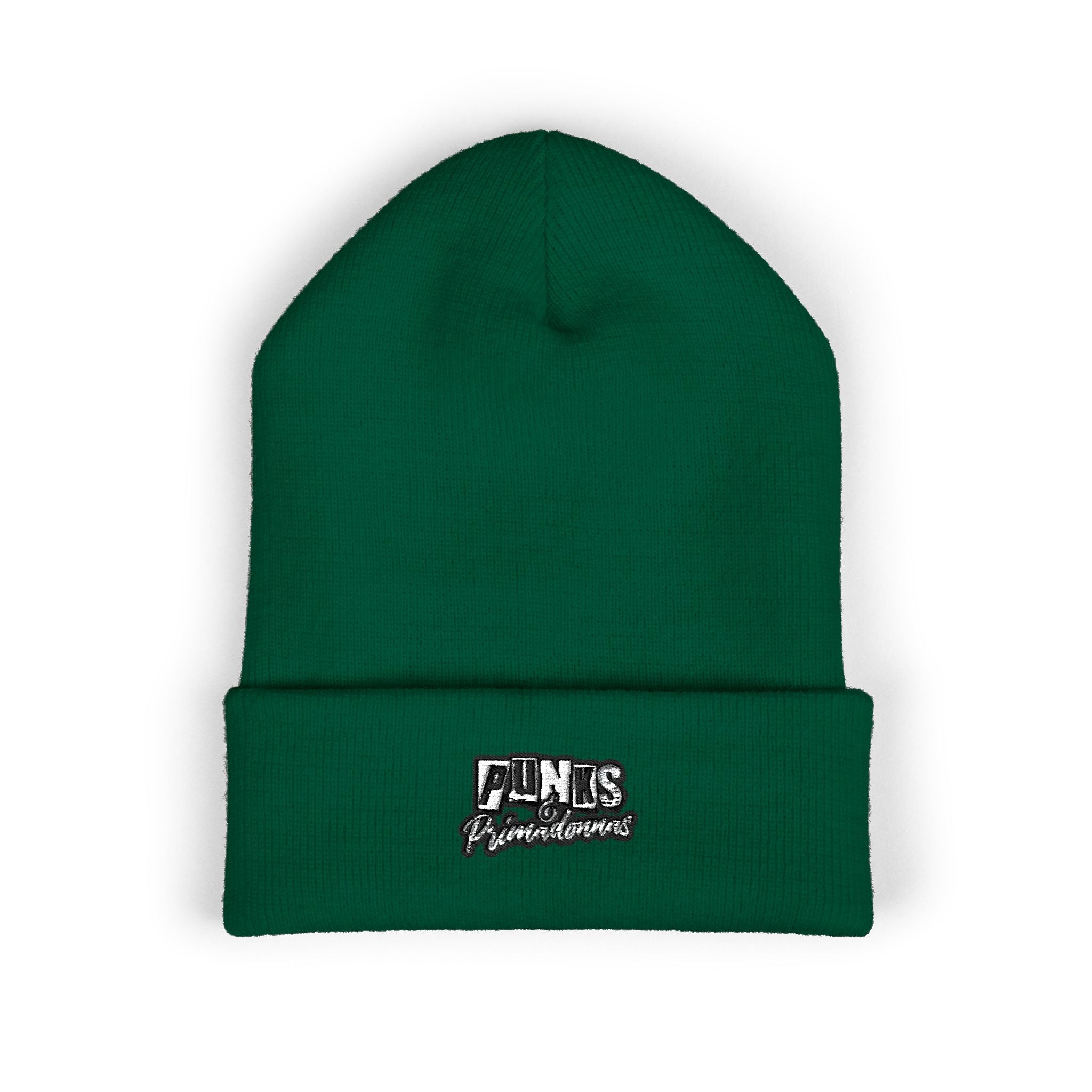 Embroidered White Cuffed Beanie — Retro 'FINS' Patch Knit Hat