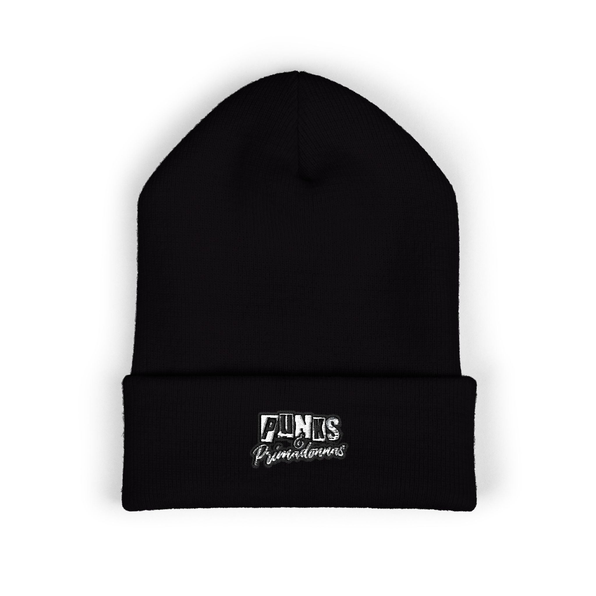 Embroidered White Cuffed Beanie — Retro 'FINS' Patch Knit Hat