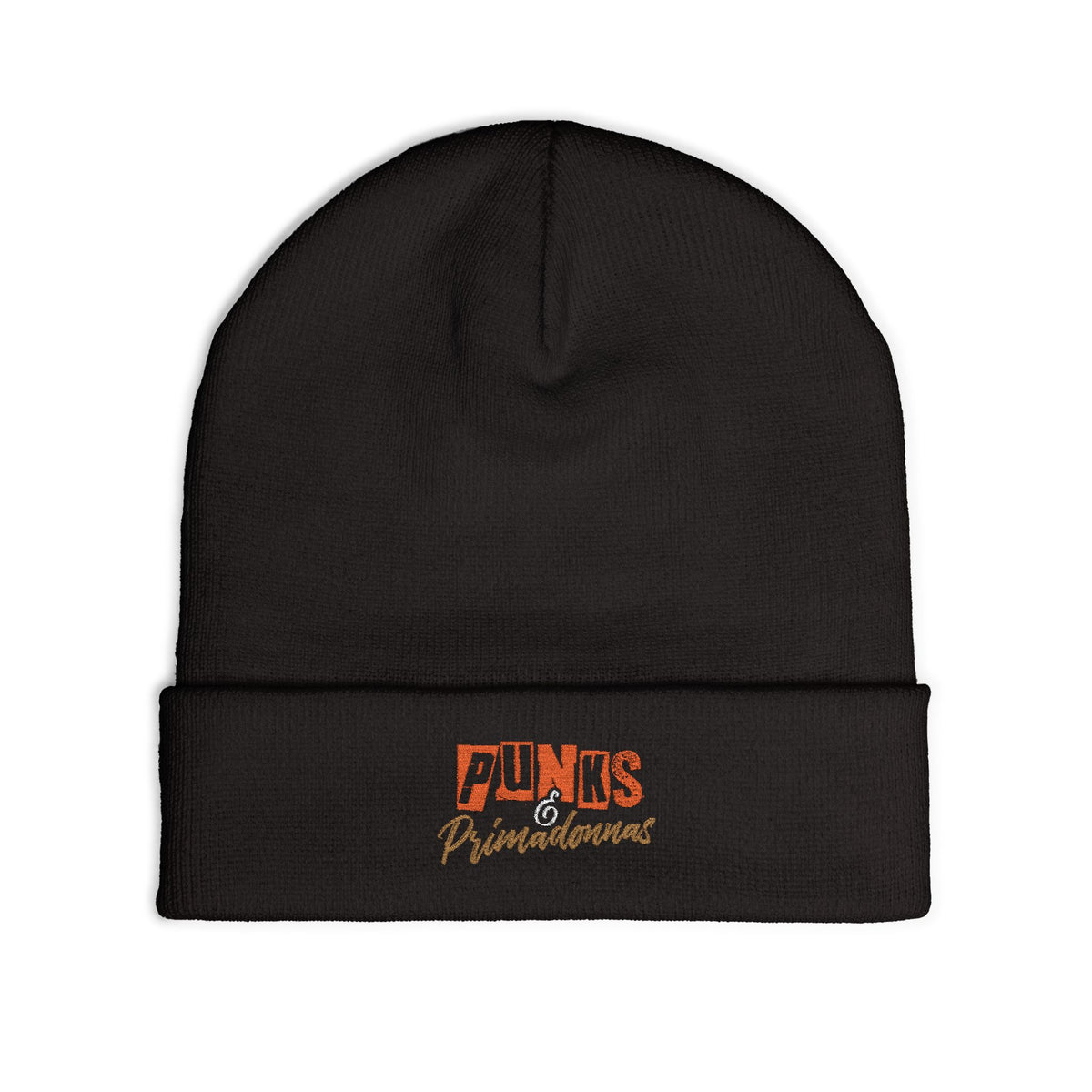 Embroidered 'Punks & Pinchme' Knit Beanie — Black Cuffed Winter Hat