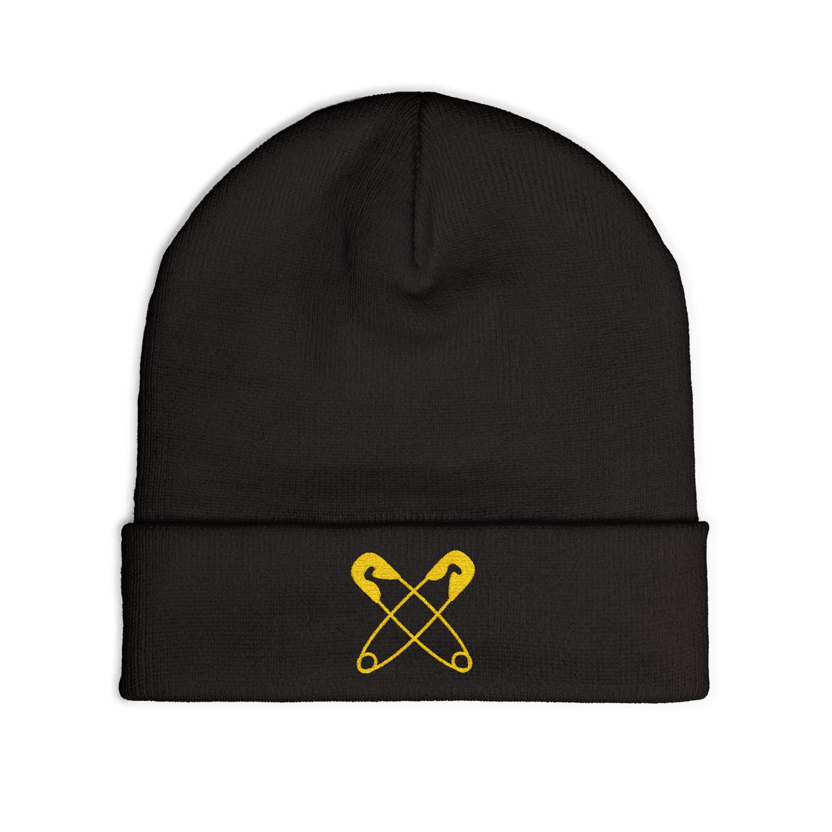 Embroidered Safety Pin Beanie — Black Knit Cuffed Hat