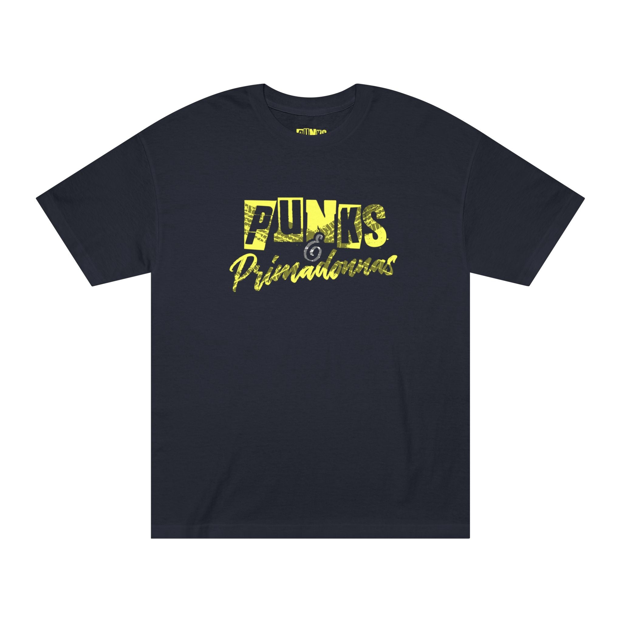 Graphic Tee — 'Punks & Prima Donnas' Yellow Distressed Crew Shirt