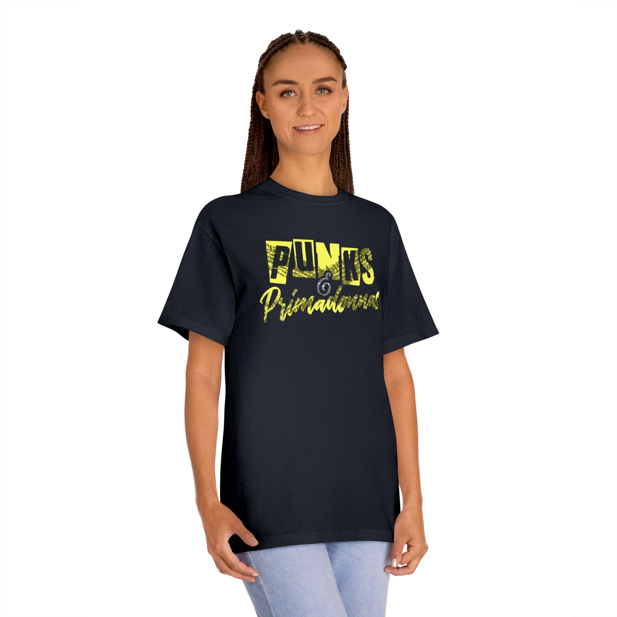 Graphic Tee — 'Punks & Prima Donnas' Yellow Distressed Crew Shirt