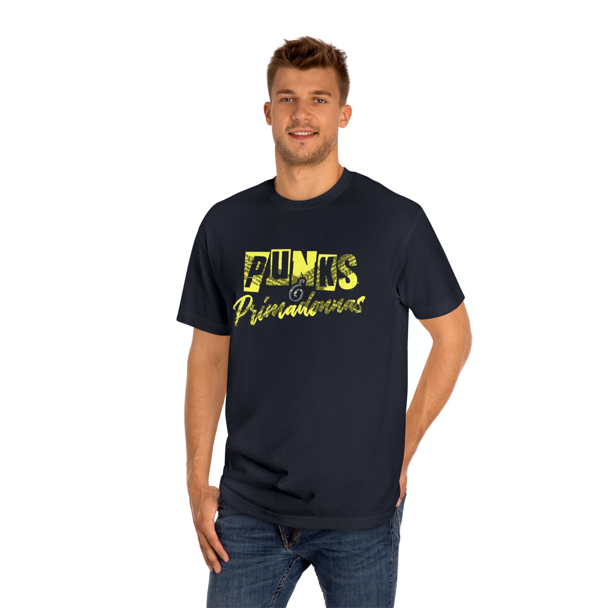 Graphic Tee — 'Punks & Prima Donnas' Yellow Distressed Crew Shirt