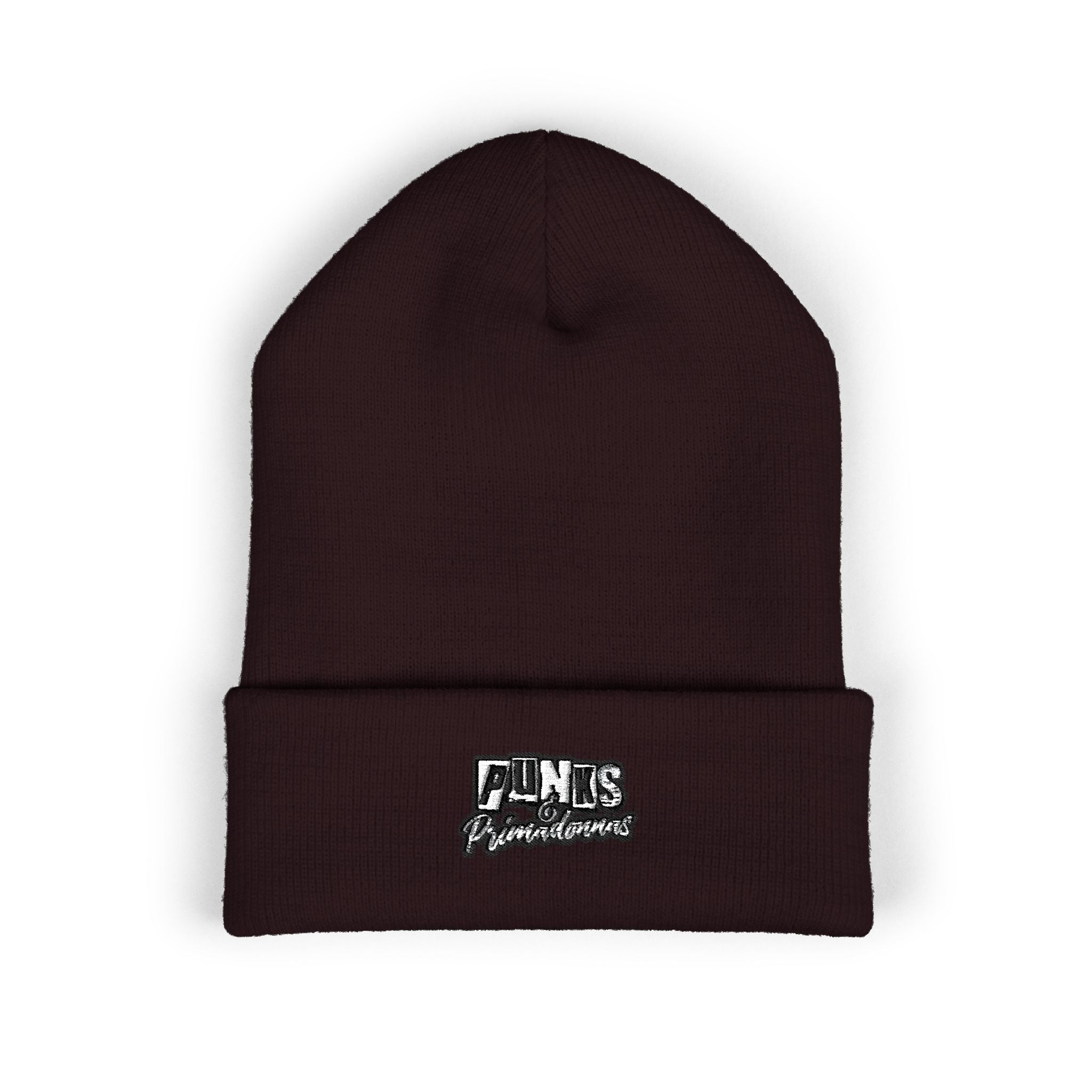 Embroidered White Cuffed Beanie — Retro 'FINS' Patch Knit Hat