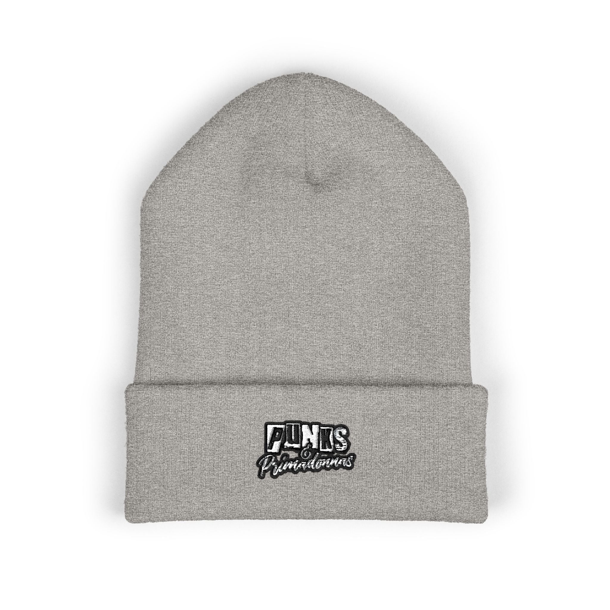 Embroidered White Cuffed Beanie — Retro 'FINS' Patch Knit Hat