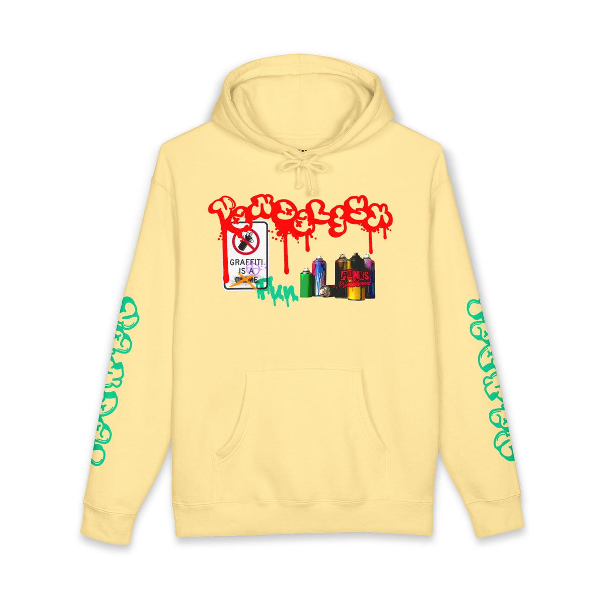 Graffiti Spray Paint Hoodie — Urban Street Art Pullover with Colorful Can Design