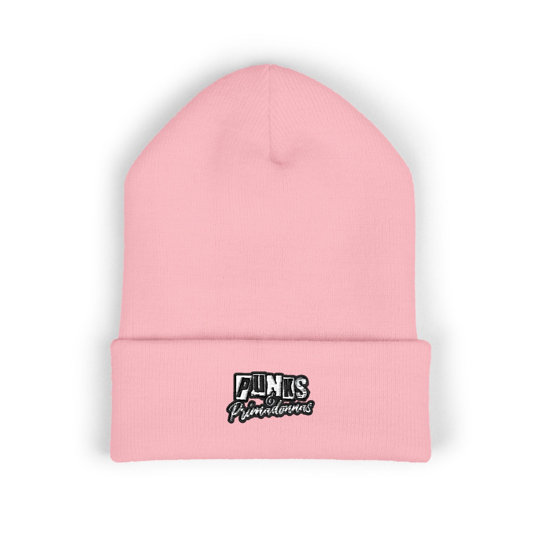 Embroidered White Cuffed Beanie — Retro 'FINS' Patch Knit Hat