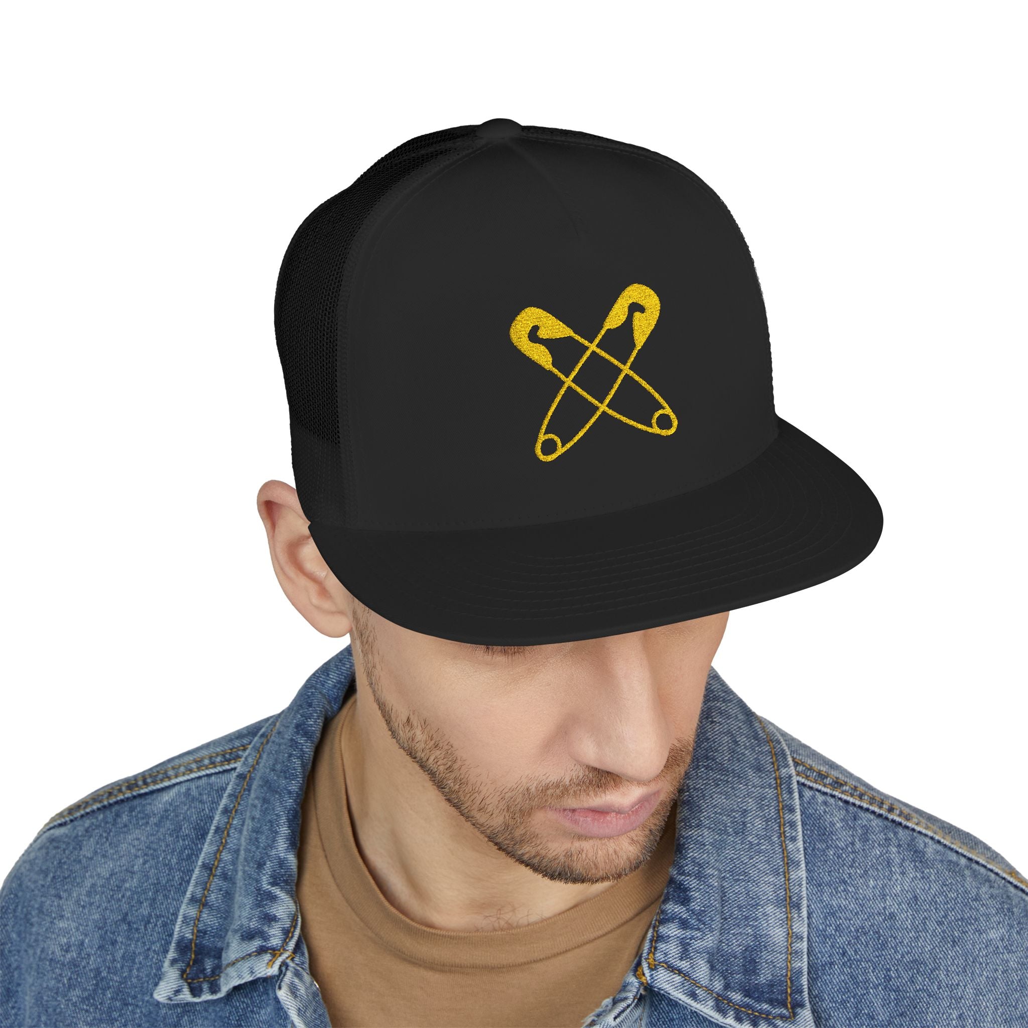 Gold Safety Pin Embroidered Trucker Cap