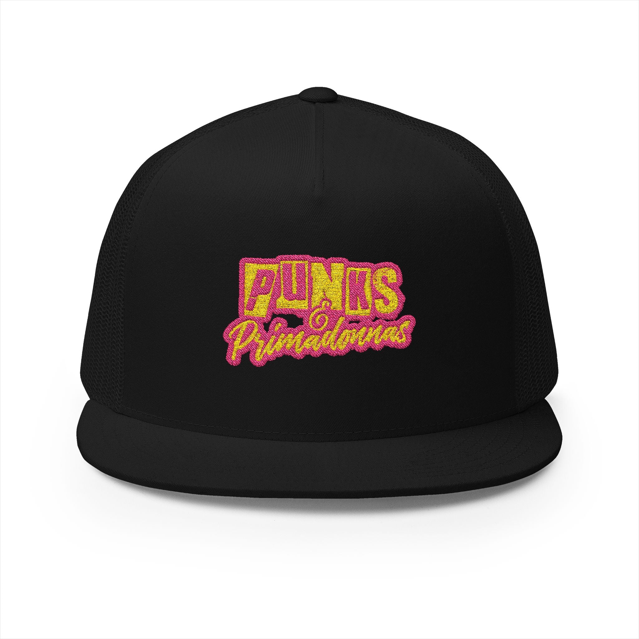 All Black Mesh Trucker Cap — Pink & Yellow Logo
