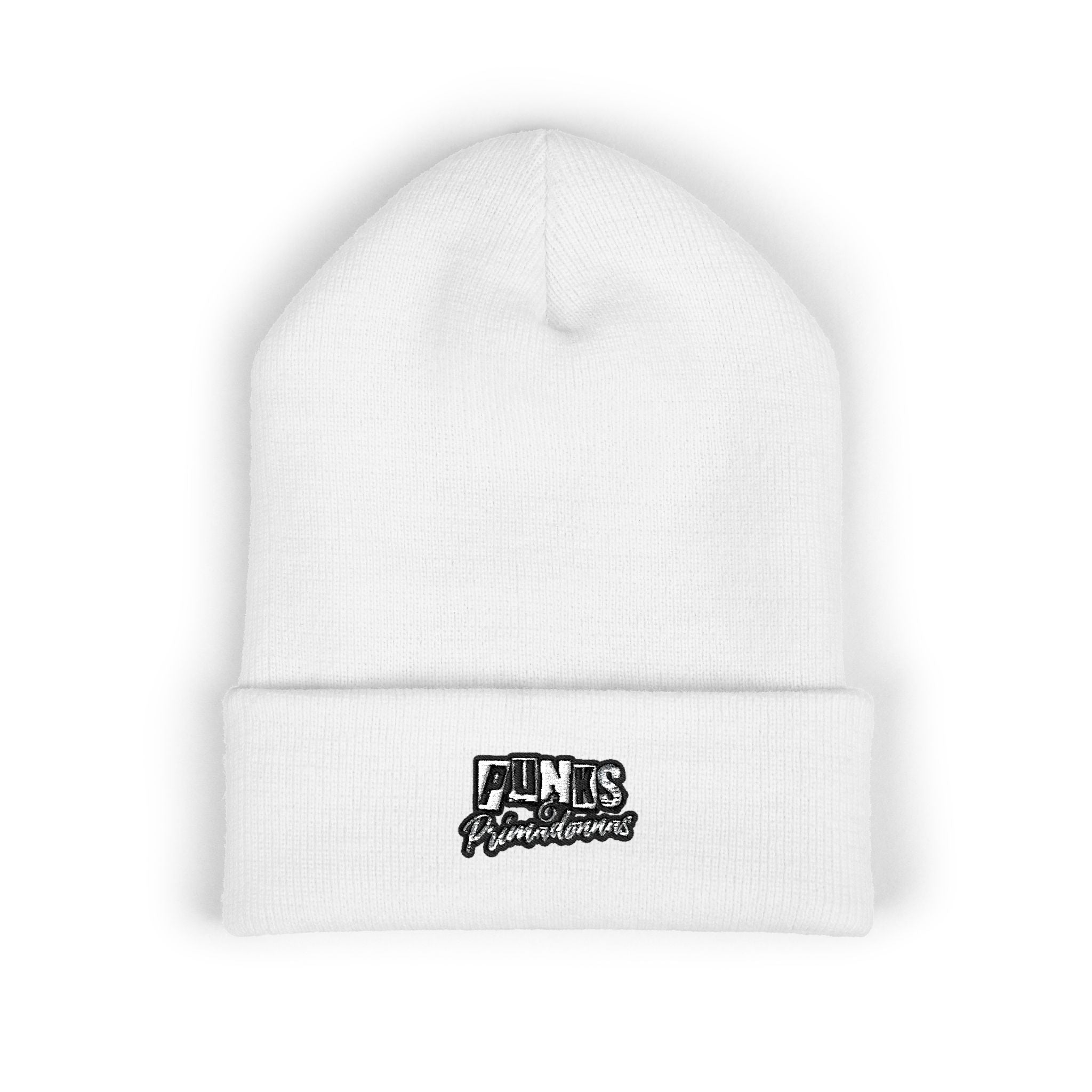 Embroidered White Cuffed Beanie — Retro 'FINS' Patch Knit Hat