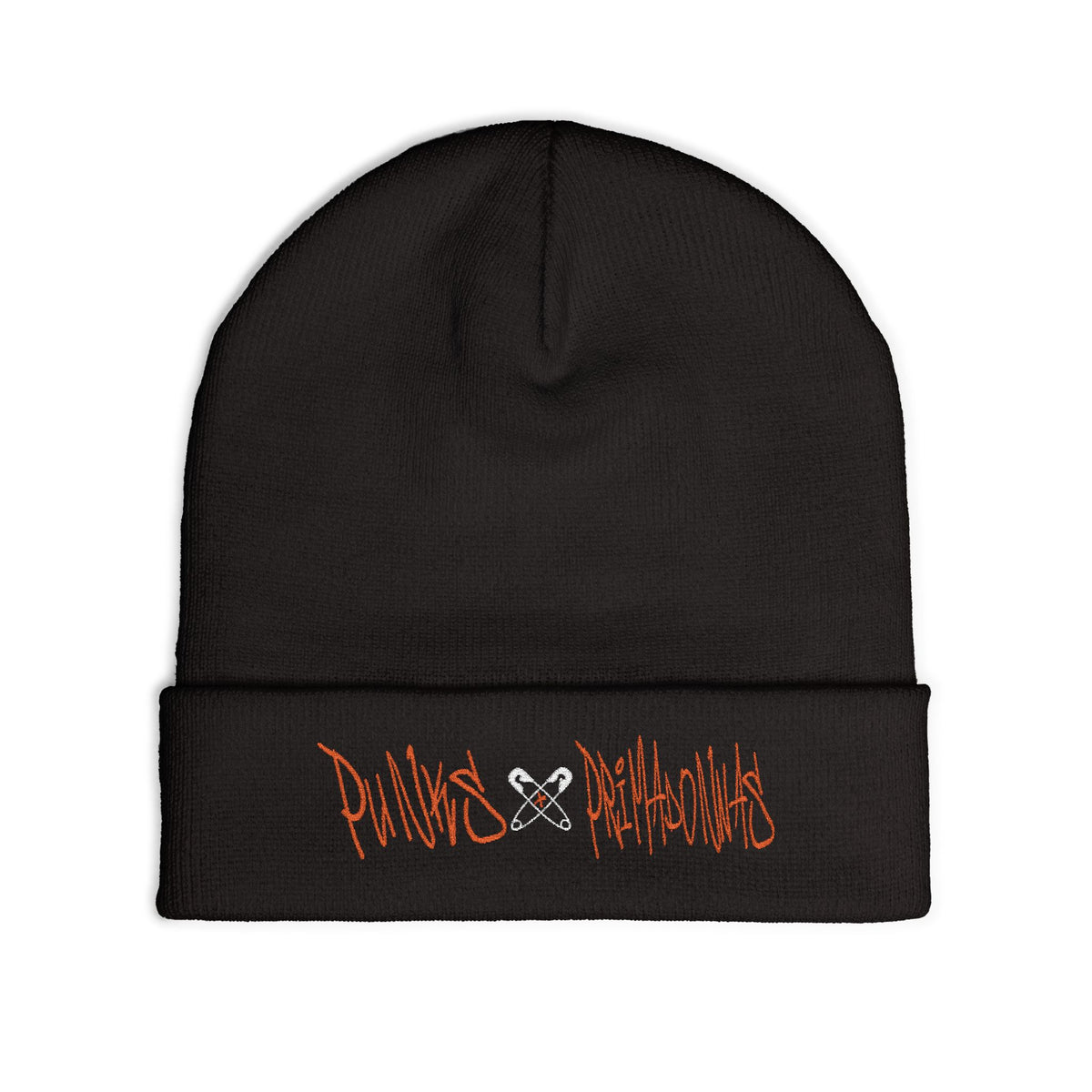 Embroidered 'Punks & Psychos' Knit Beanie — Black Cuffed Winter Hat