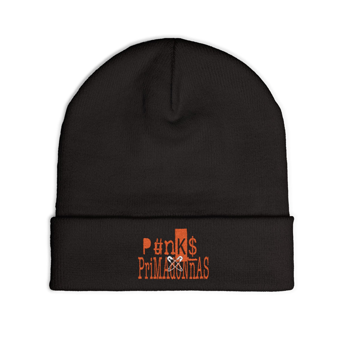 Embroidered Punk Philantropias Black Knit Beanie — Orange Logo Winter Hat